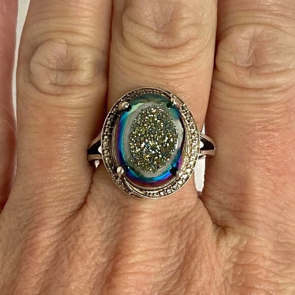 Sterling Silver 925 STS Oval Titanium Aura Quartz Druzy Ring Sz 8.5 - Picture 1 of 16